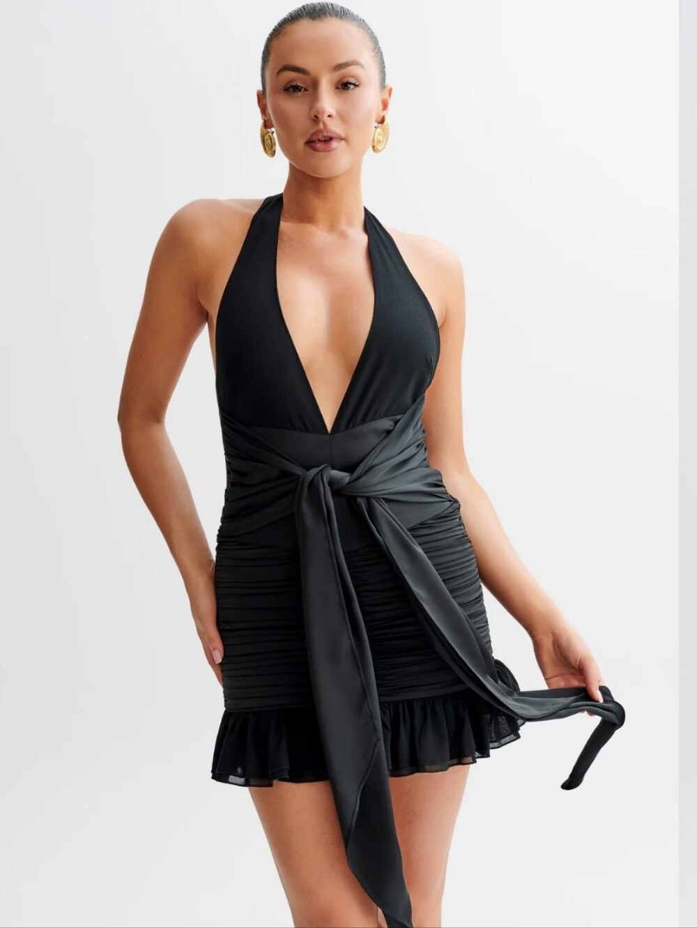 Meshki Ambrosi Satin Chiffon Mini Dress Black Halter Tie Womens AU Size XL US10